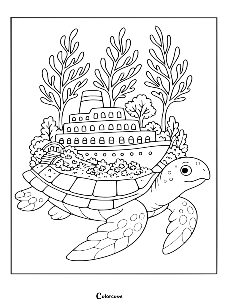 Intrincada página para colorear de una tortuga marina amigable que lleva un transatlántico de varios niveles, arbustos de jardín y plantas de algas imponentes en su caparazón estampado.