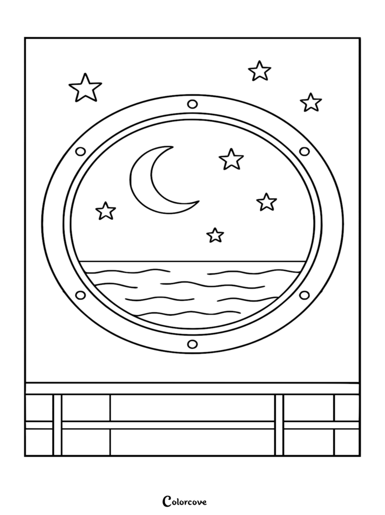 Página para colorear detallada de un ojo de buey de un crucero con una vista del cielo nocturno que presenta estrellas y la luna sobre las olas.