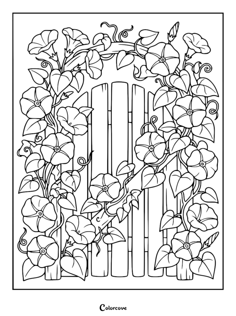 Coloriage de fleur relaxant représentant des lianes de liseron grimpant sur un portillon de jardin en bois.