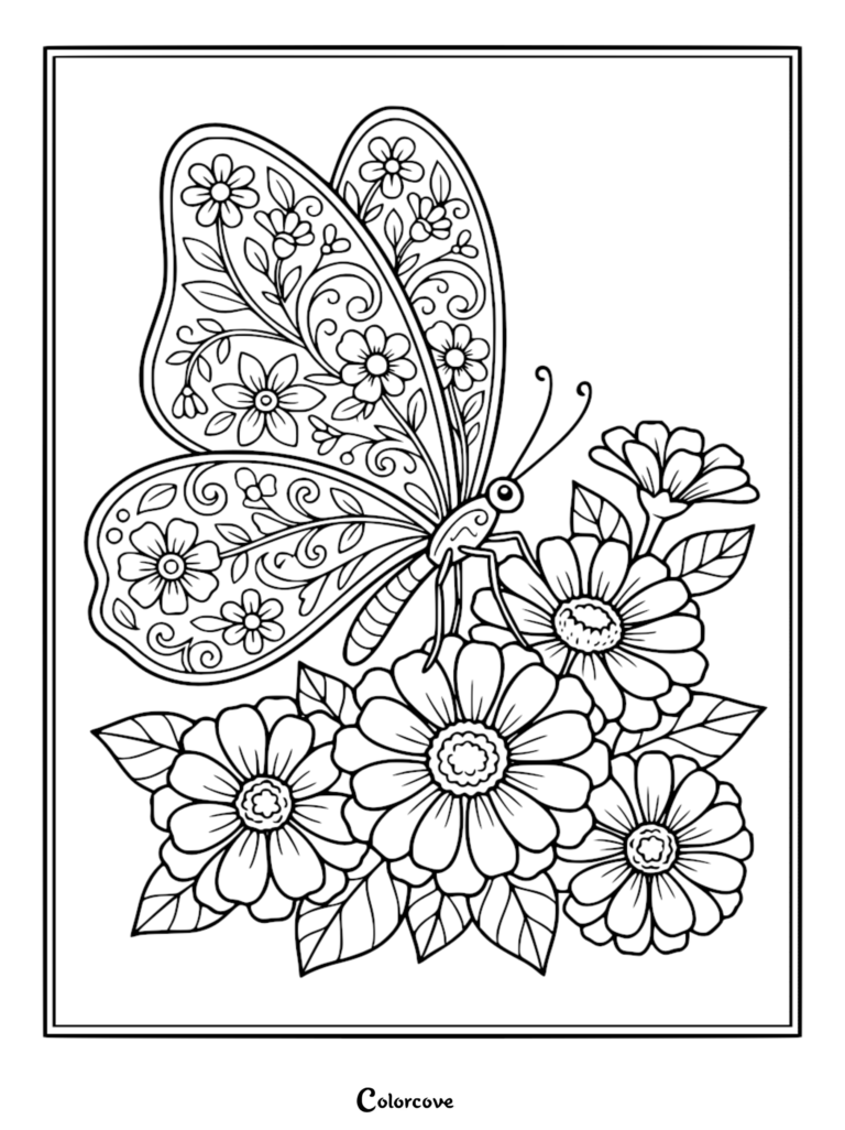 Un coloriage relaxant de fleur représentant un papillon aux motifs floraux complexes sur ses ailes, perche sur un bouquet de marguerites en fleurs.