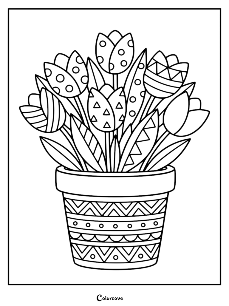 Une page de coloriage de fleur relaxante représentant un bouquet en pot de tulipes à motifs avec des designs géométriques et des pois.