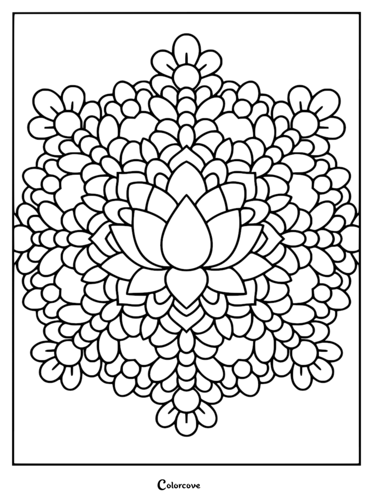 Coloriage de fleur relaxant à imprimer représentant un design de mandala symétrique avec des pétales superposés et une fleur de lotus centrale.
