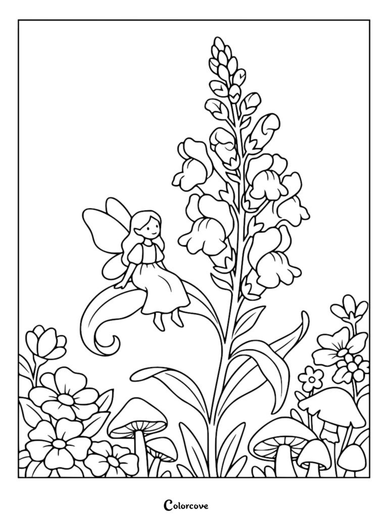 Une fée assise sur une feuille à côté d'une grande gueule de loup dans un jardin avec des champignons, page de coloriage à imprimer.