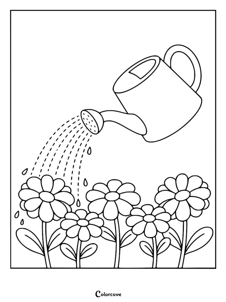 Un arrosoir versant de l'eau sur une rangée de cinq marguerites simples dans ce coloriage de fleur relaxant.