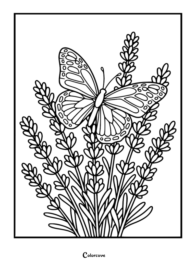 Un coloriage relaxant de fleur représentant un papillon détaillé posé sur un brin de lavande.