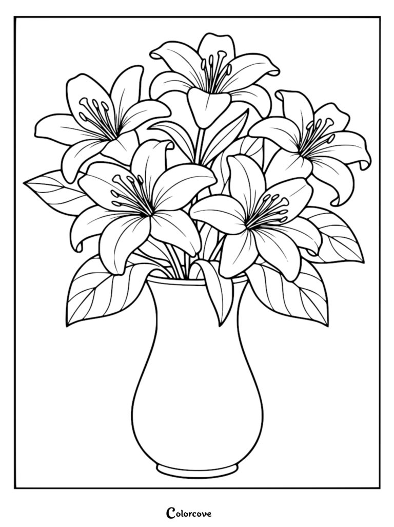 Une page de coloriage à imprimer représentant un bouquet de lis dans un vase simple.