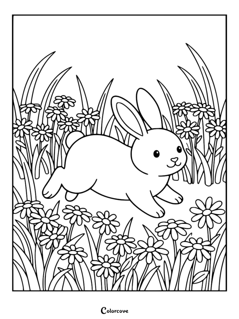 Un mignon lapin sautillant à travers un champ de marguerites dans cette page de coloriage de fleurs relaxante.