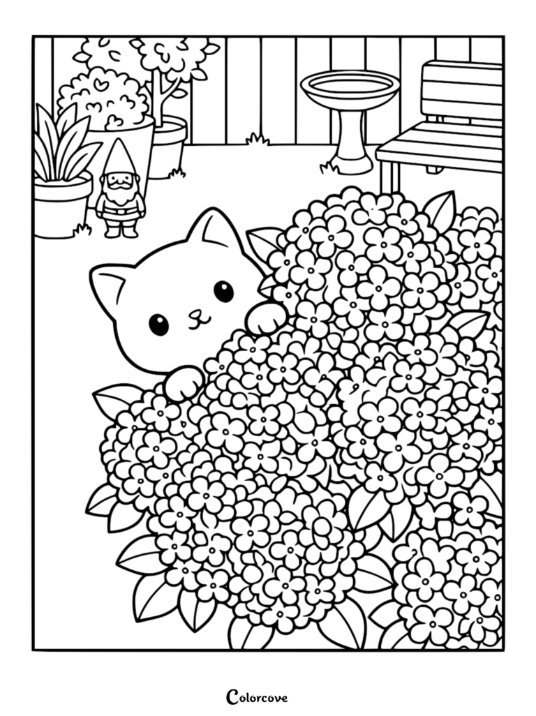 Un mignon chaton qui dépasse d'un grand buisson de fleurs relaxantes dans un jardin avec un nain et un banc, page de coloriage à imprimer.