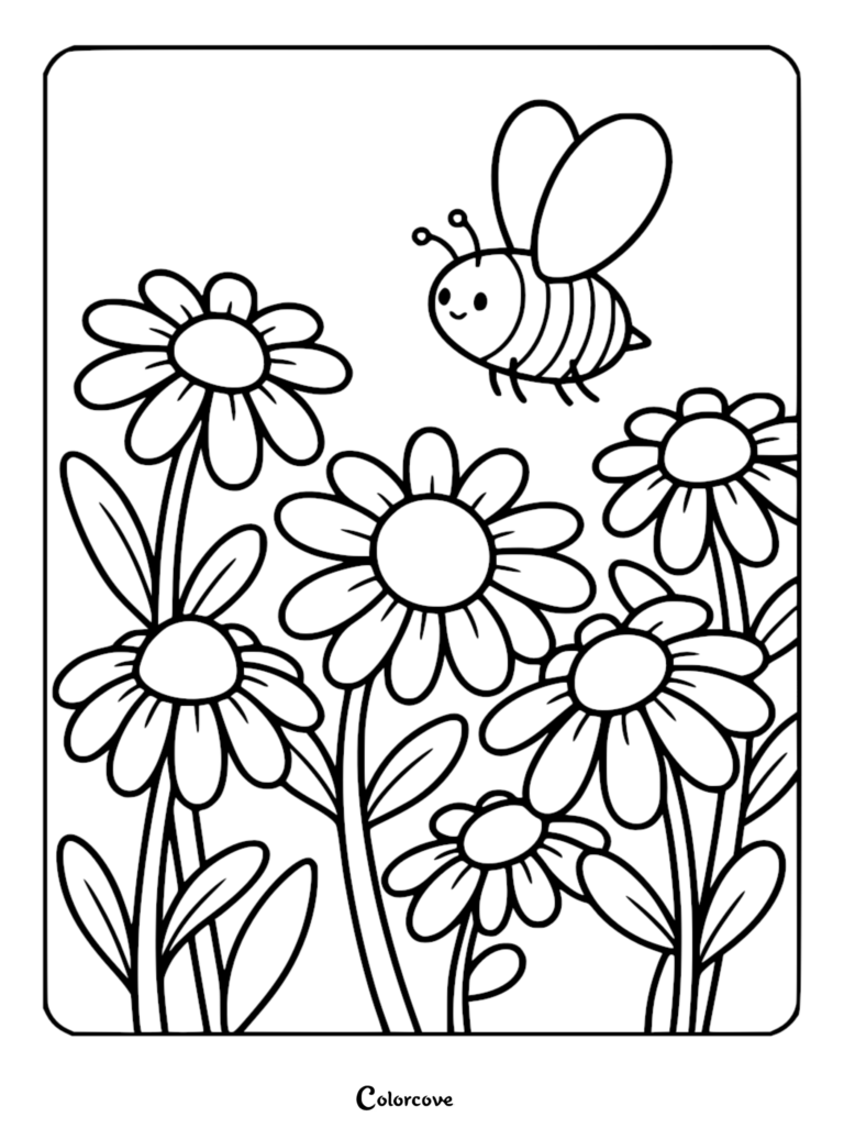 Une mignonne abeille survolant un champ de marguerites dans ce coloriage relaxant de fleur.