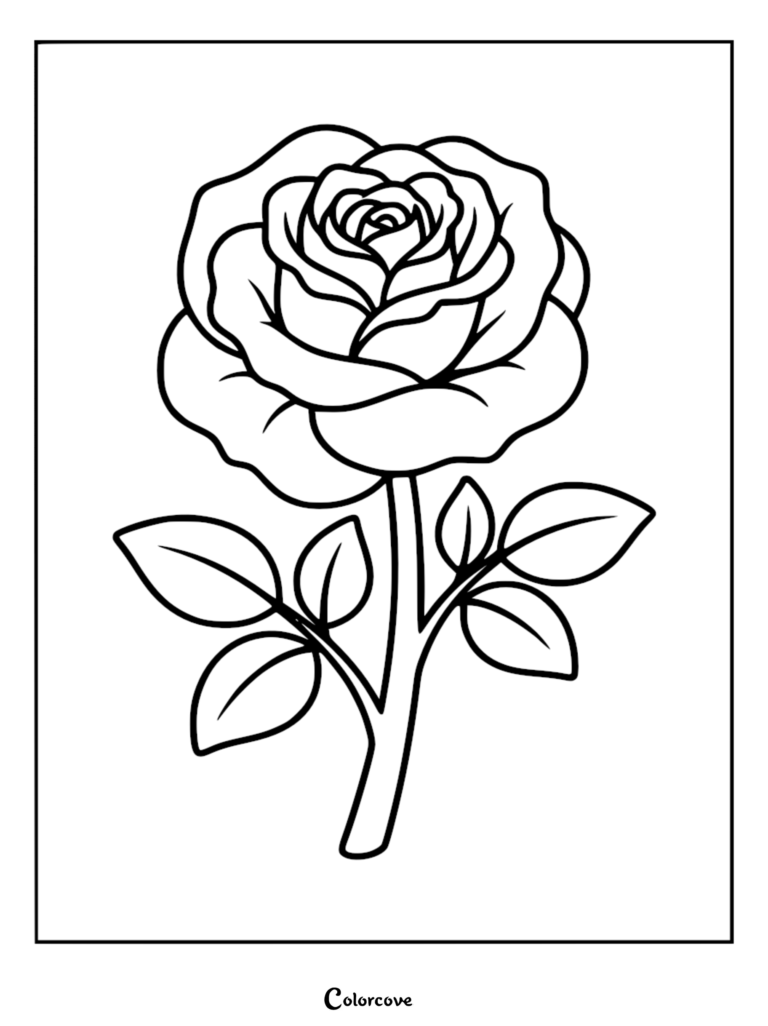 Page de coloriage au trait simple d'une rose en fleurs avec des feuilles sur la tige.
