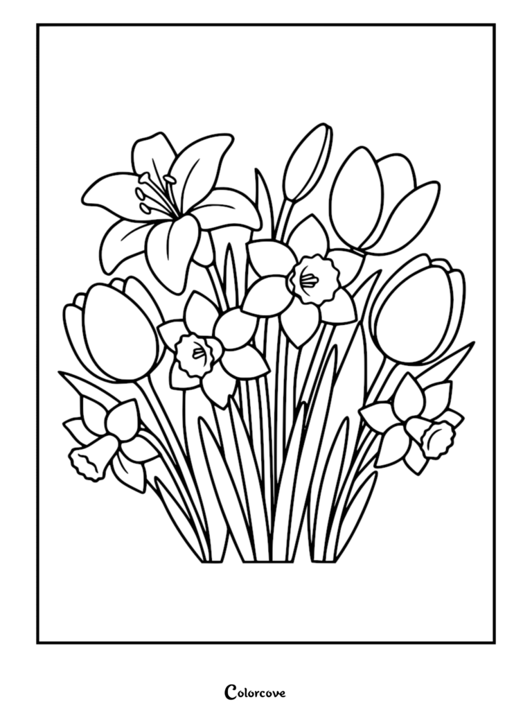Une page de coloriage à imprimer représentant un bouquet de lis, de tulipes et de jonquilles avec de longues feuilles vertes.