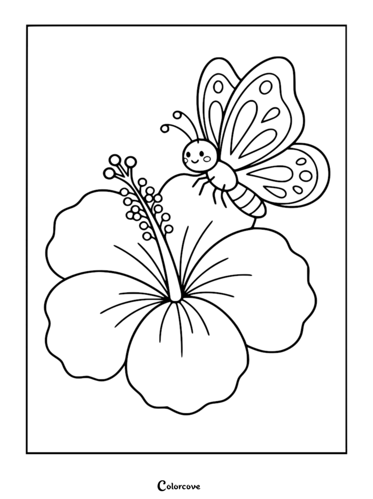 Un coloriage d'un mignon papillon reposant sur une grande fleur d'hibiscus, avec des contours audacieux et des détails simples.