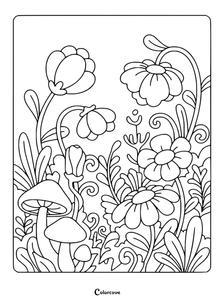 Coloriage de fleur relaxant représentant diverses fleurs et des champignons dans une scène de jardin.