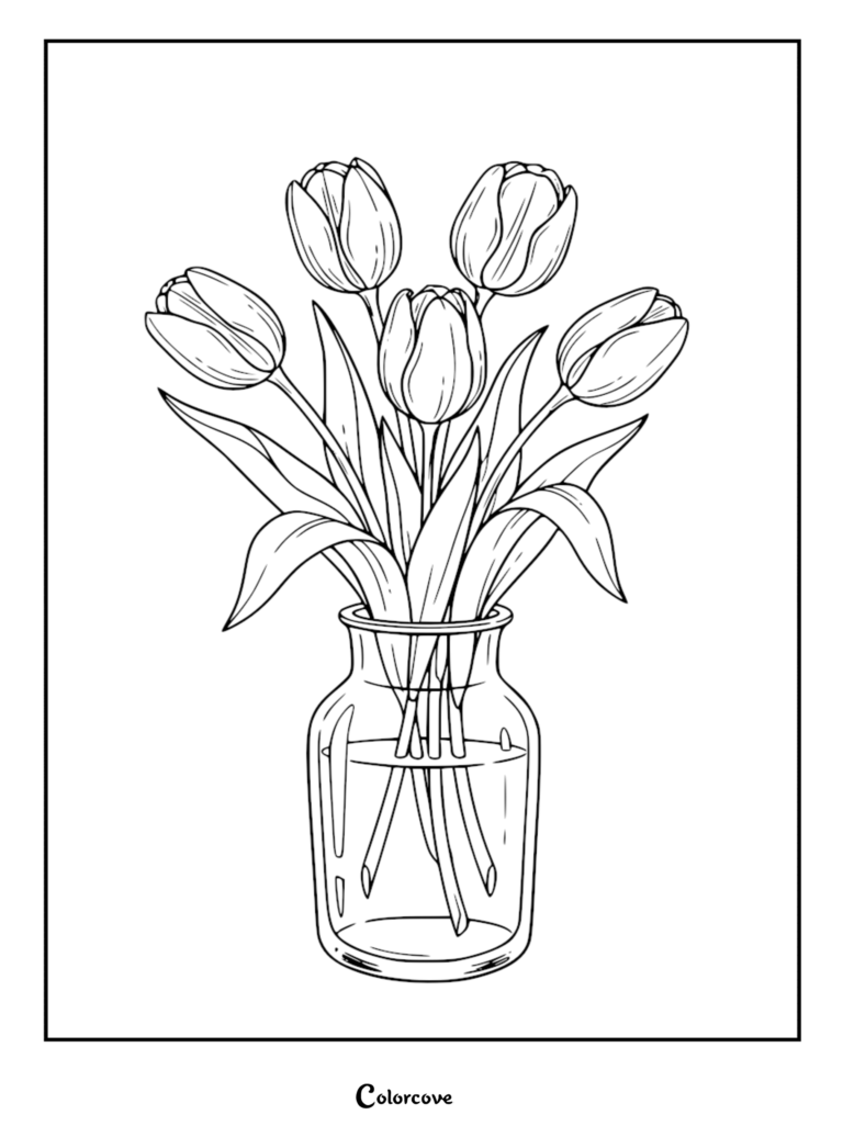 Une page de coloriage de fleur relaxante représentant un bouquet de cinq tulipes dans un vase en verre.