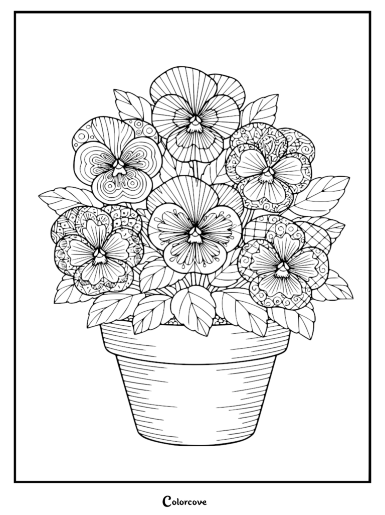 Coloriage détaillé d'une plante en pot avec des pensées aux motifs complexes et des feuilles luxuriantes.