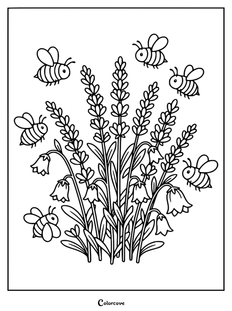 Un coloriage relaxant de fleur représentant un groupe de lavande et de fleurs en forme de cloche entourées de cinq mignonnes abeilles bourdonnantes.