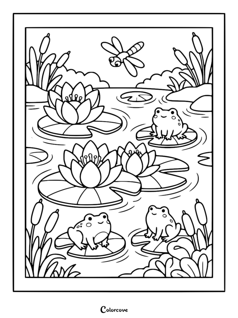 Coloriage de fleur relaxant avec des grenouilles sur des feuilles de lis et une libellule dans une mare.
