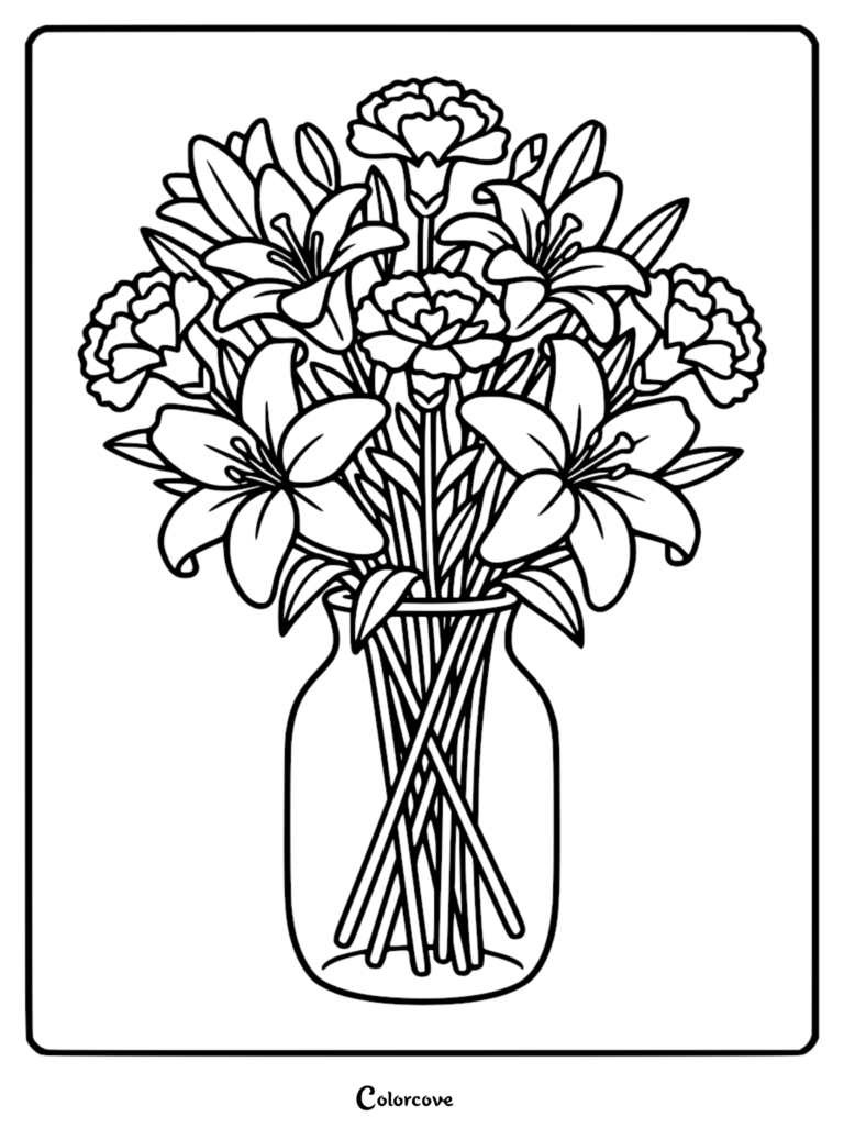 Une page de coloriage de fleur relaxante représentant un bouquet de lis et d'œillets dans un vase en verre.
