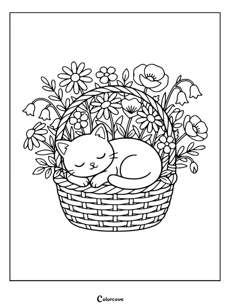 Un mignon chaton endormi dans un panier tressé rempli de diverses fleurs relaxantes sur cette page de coloriage à imprimer.