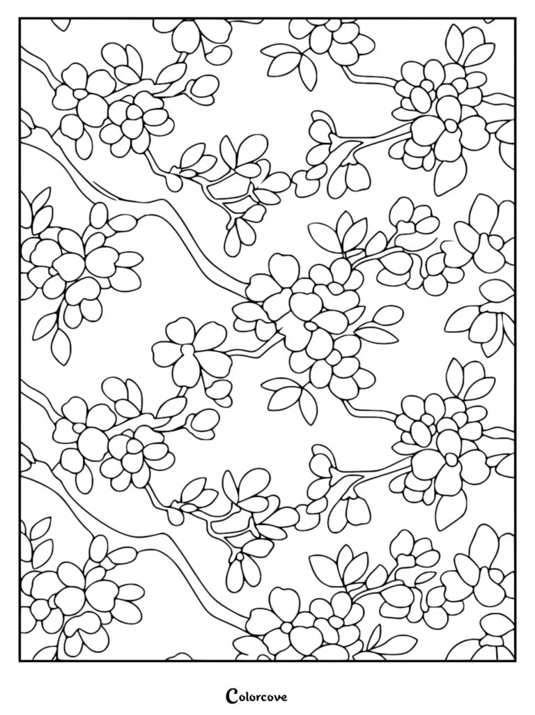 Coloriage de fleur relaxant représentant un motif répété de délicates branches de fleur de cerisier avec des pétales éclos et de petites feuilles.