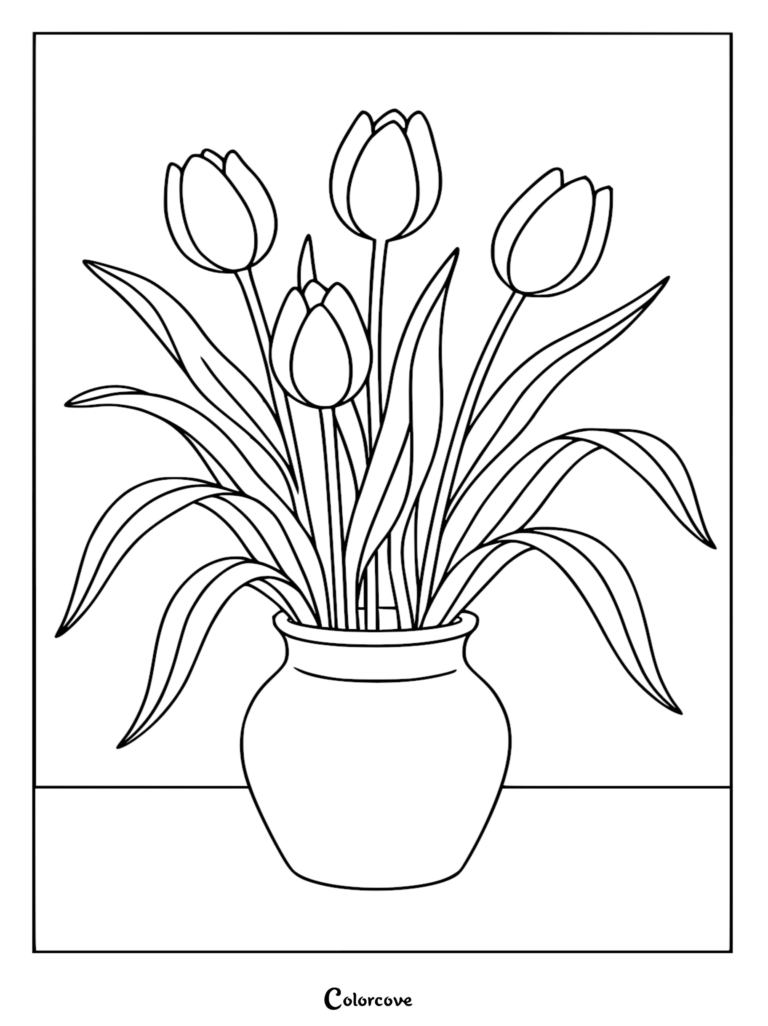 Une page de coloriage de fleur relaxante représentant quatre tulipes dans un vase simple.