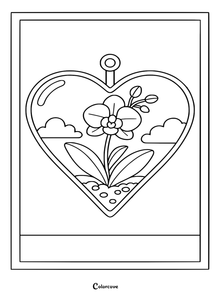 Coloriage de fleur relaxant à l'intérieur d'un terrarium en verre en forme de cœur avec des nuages en arrière-plan.