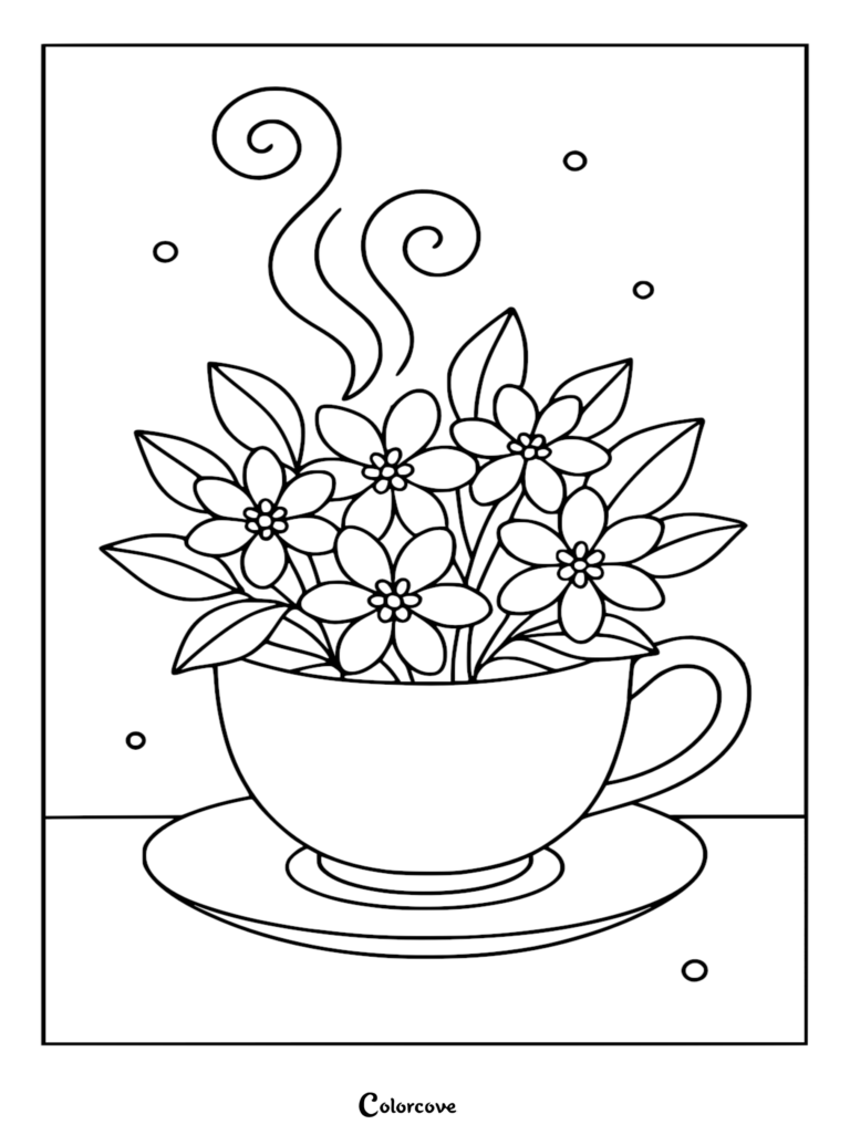 Une page de coloriage de fleur relaxante représentant une tasse de thé fumante remplie d'un bouquet de fleurs simples.
