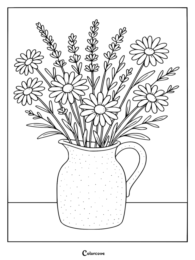 Une page de coloriage de fleur relaxante représentant un bouquet de marguerites et de tiges de lavande disposées dans un pichet en céramique mouchetée.