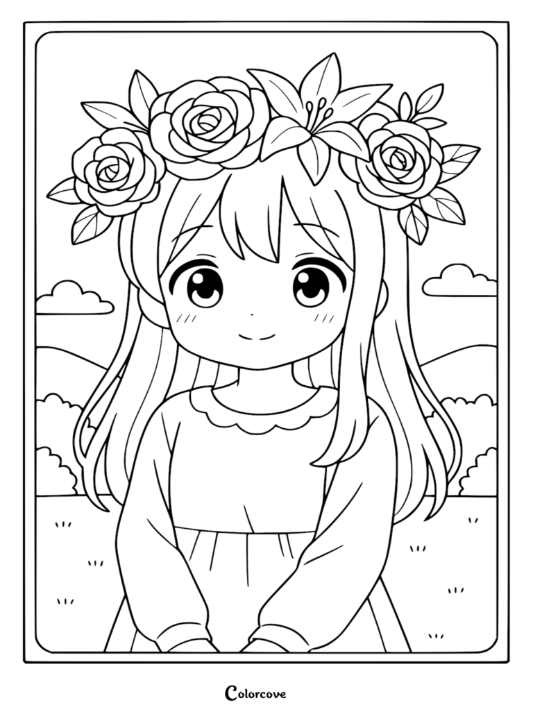 Une mignonne fille anime portant une grande couronne florale de roses et de lis dans une prairie, coloriage à imprimer.