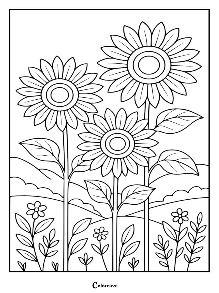 Trois grands tournesols dans un pré avec de petites fleurs sauvages, une page de coloriage de fleur relaxante.