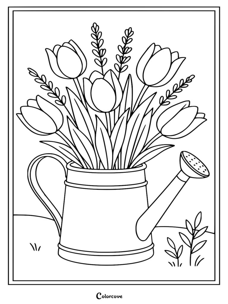 Une page de coloriage de fleur relaxante représentant un bouquet de tulipes et de tiges de lavande disposées dans un arrosoir en métal vintage.