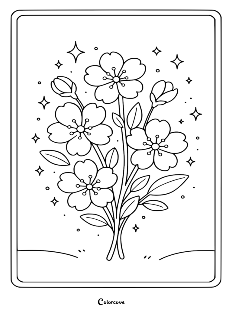 Une page de coloriage de fleur relaxante représentant un bouquet de fleurs écloses entouré d'étoiles et de points scintillants.