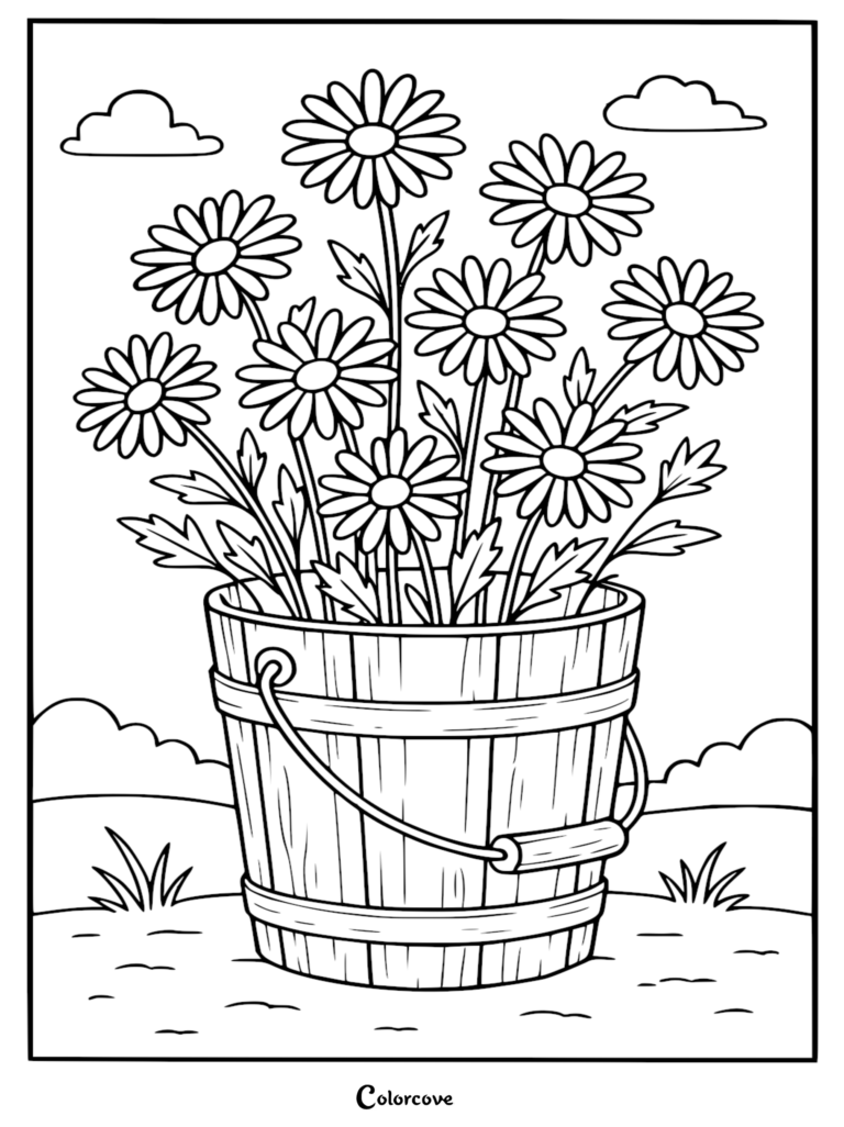 Une page de coloriage de fleur relaxante représentant un seau en bois rempli de marguerites sous un ciel nuageux.