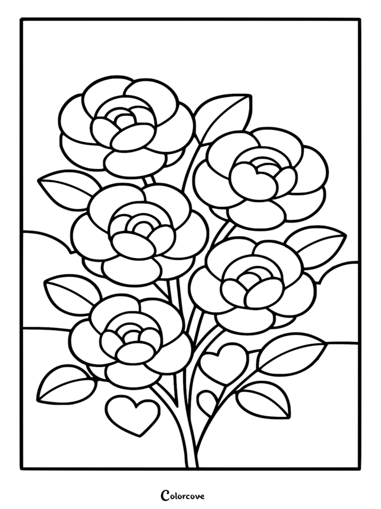 Une page de coloriage de fleur relaxante représentant un bouquet de cinq roses écloses avec des feuilles en forme de cœur et des accents.