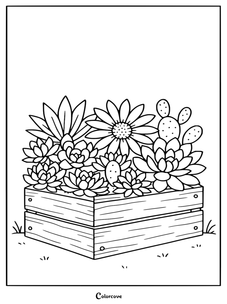 Une page de coloriage de fleur relaxante représentant une caisse en bois remplie de diverses plantes grasses et d'une marguerite.