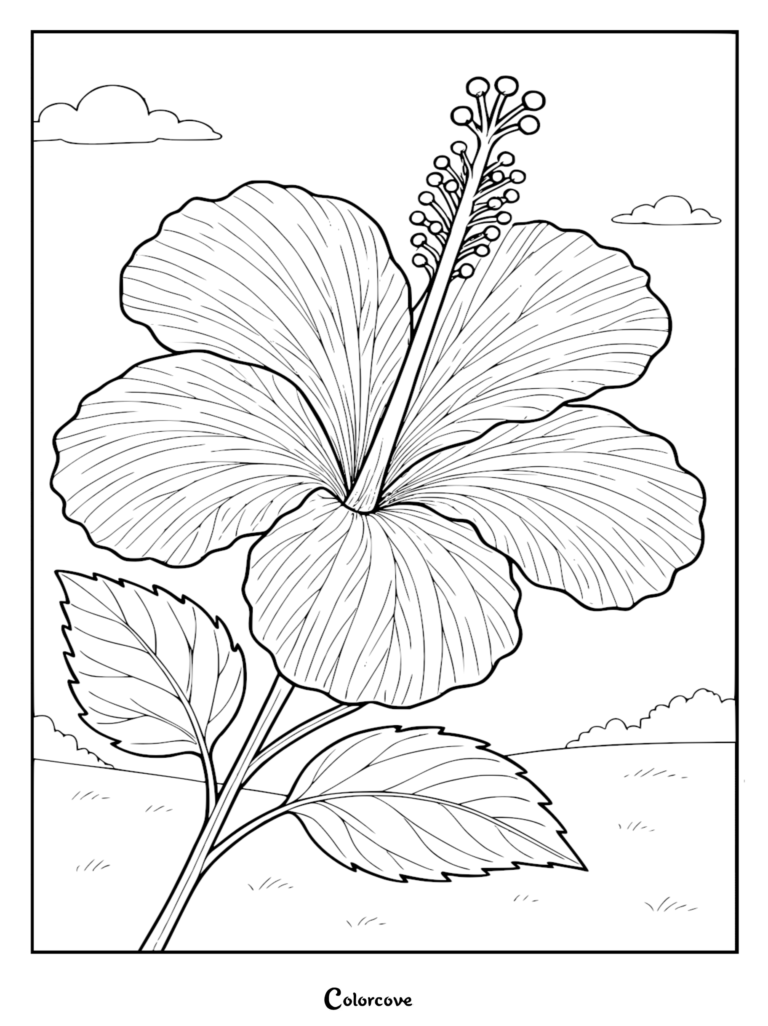 Une page de coloriage de fleur relaxante et détaillée représentant une grande fleur d'hibiscus avec des étamines proéminentes et des feuilles sous un ciel nuageux.