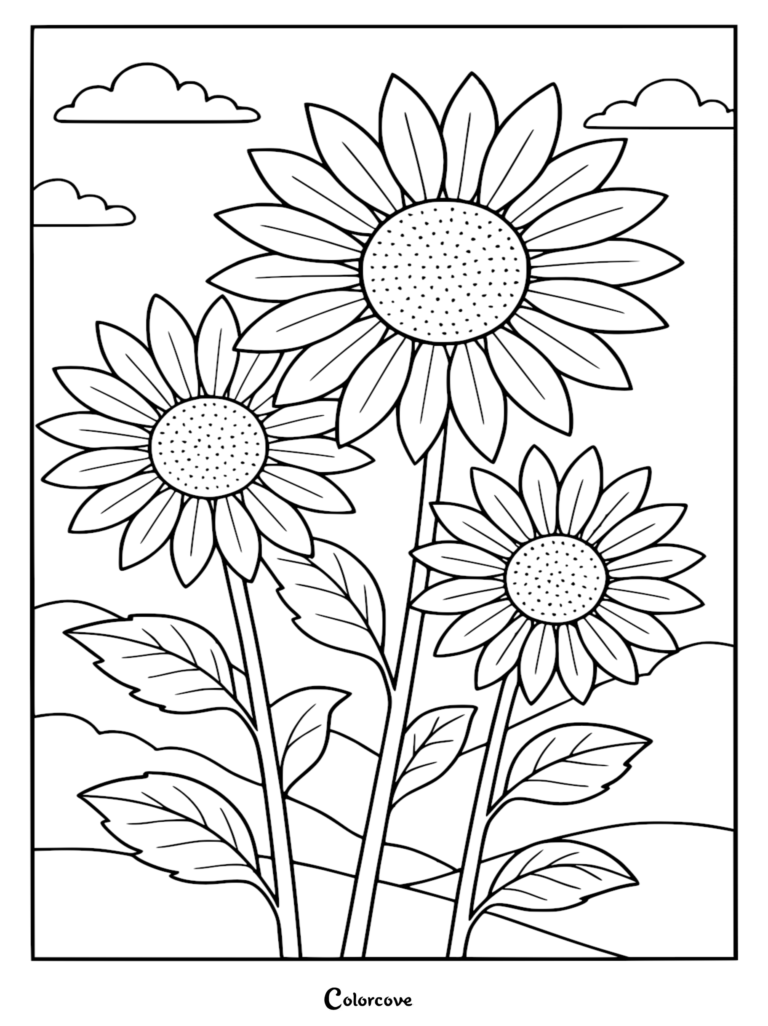 Une page de coloriage de fleur relaxante représentant trois grands tournesols sous un ciel nuageux, parfaits pour de l'art à imprimer.