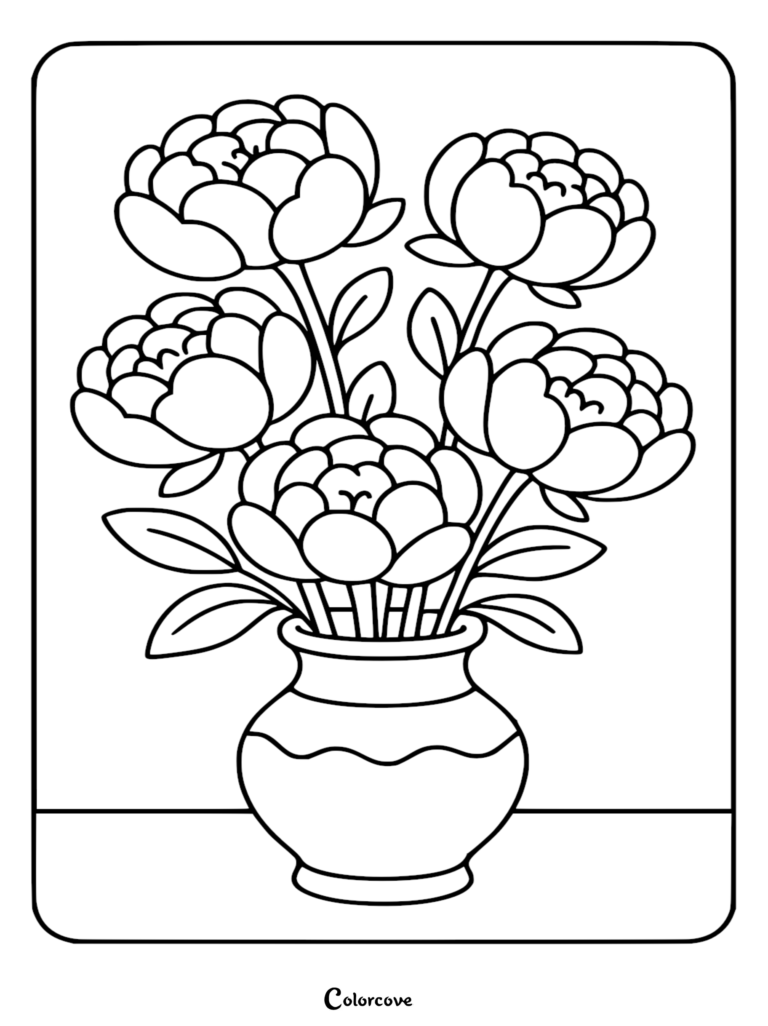 Un coloriage relaxant de fleur représentant un bouquet de cinq pivoines en fleurs disposées dans un vase en céramique décoratif.
