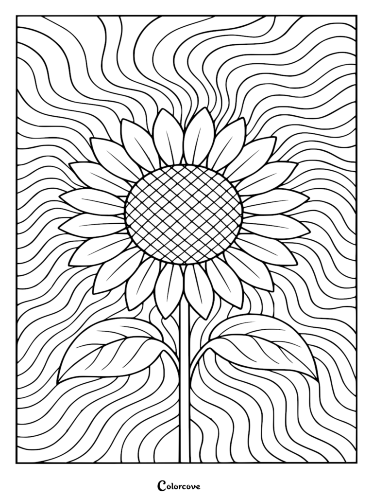 Coloriage de fleur relaxant représentant un tournesol centré sur un fond de lignes ondulées et fluides.