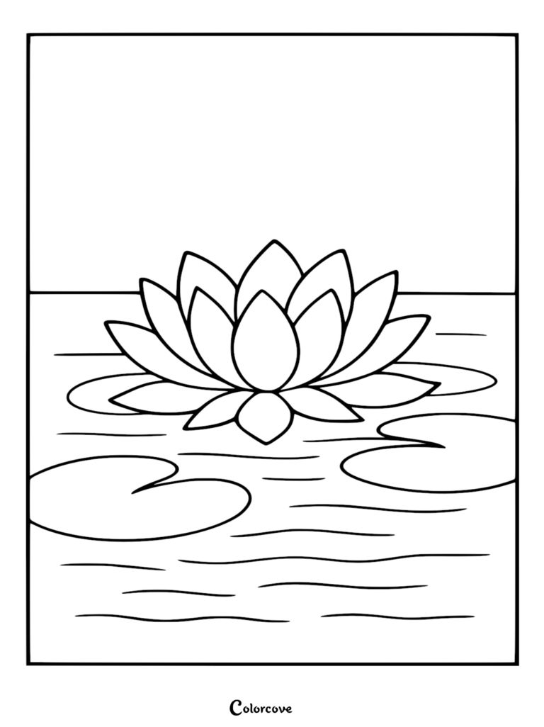 Une page de coloriage de fleur relaxante représentant une fleur de lotus flottant sur l'eau calme d'un étang avec des nénuphars.