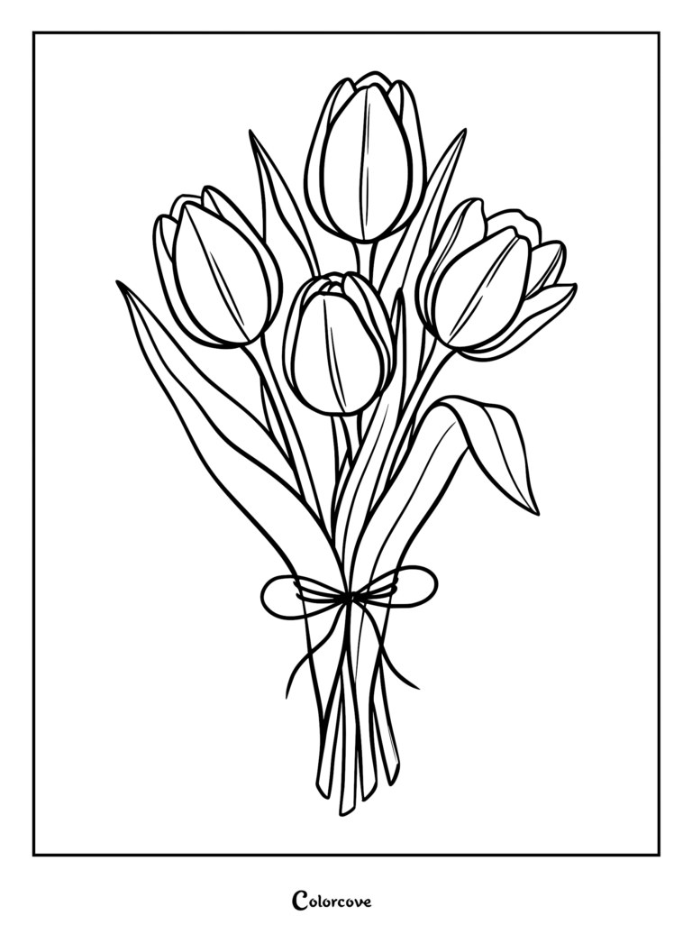 Un coloriage au trait simple en noir et blanc représentant un bouquet de quatre tulipes attachées ensemble avec un petit nœud.