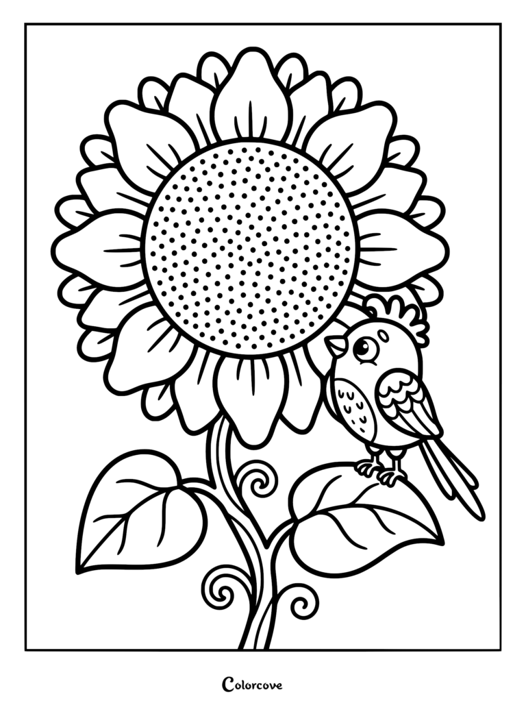 Un mignon oiseau perché sur une grande feuille de tournesol dans ce coloriage de fleur relaxant.