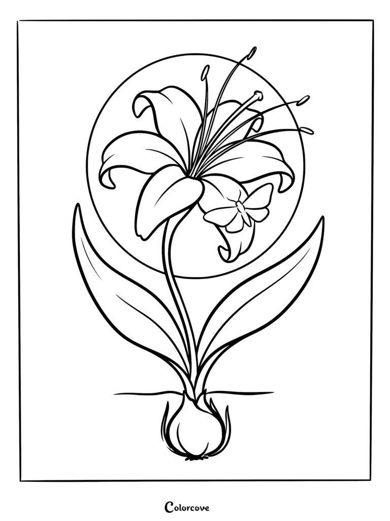 Un coloriage relaxant de lis représentant un papillon posé sur un pétale avec un fond circulaire.