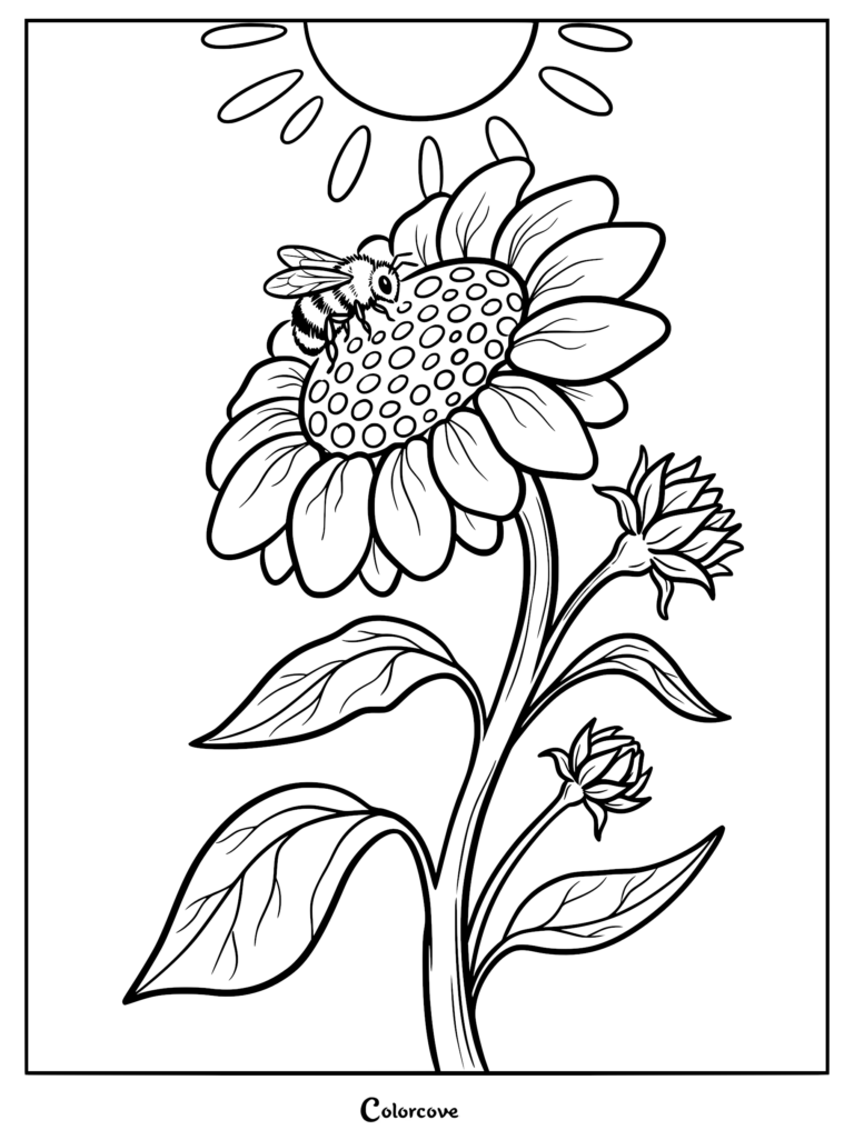 Un coloriage détaillé représentant un grand tournesol avec une abeille posée sur son centre sous un soleil radieux.