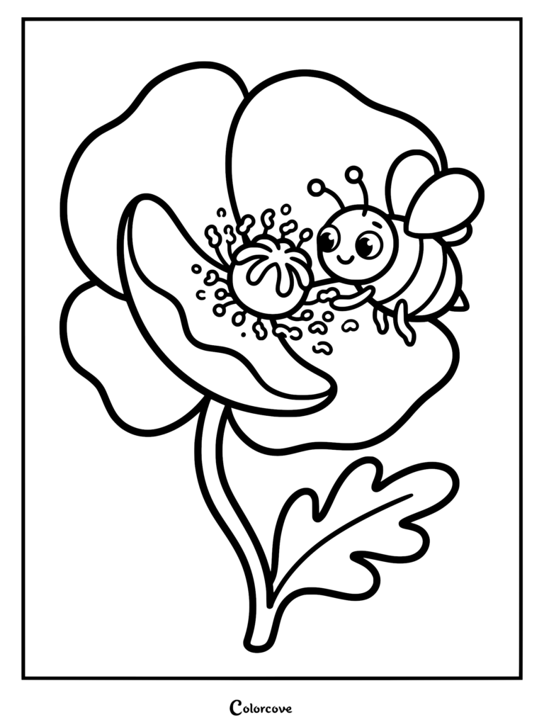 Une abeille de dessin animé mignonne perchée au centre d'un grand coquelicot dans ce coloriage à imprimer.