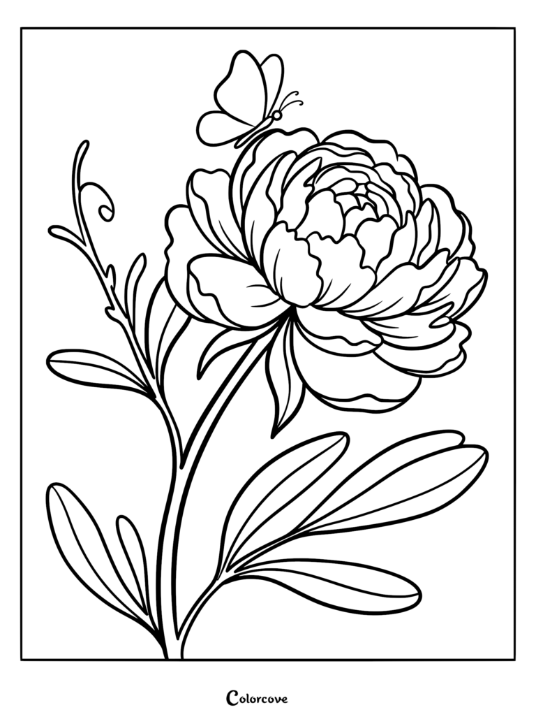 Un coloriage au trait détaillé représentant une grande pivoine en fleurs avec un délicat papillon posé sur ses pétales.