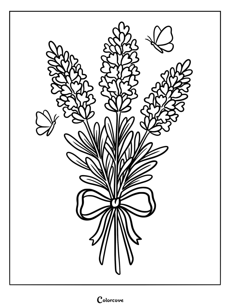 Un coloriage à imprimer représentant un bouquet de trois tiges de lavande attachées avec un ruban, entourées de deux petits papillons.