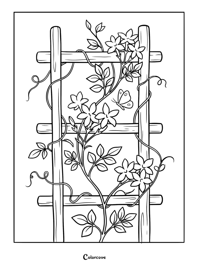 Un coloriage relaxant de liane de fleur avec des fleurs à cinq pétales et un petit papillon grimpant sur un treillis de jardin en bois.