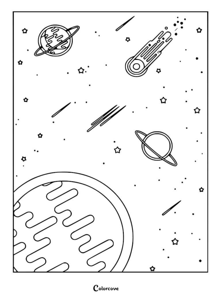 Relaxing Galaxy coloring page featuring planets with rings, a streaking comet, and scattered stars in deep space.