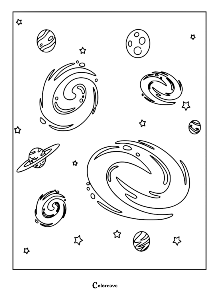 A relaxing galaxy coloring page featuring swirling spiral galaxies, various planets, and scattered stars in deep space.